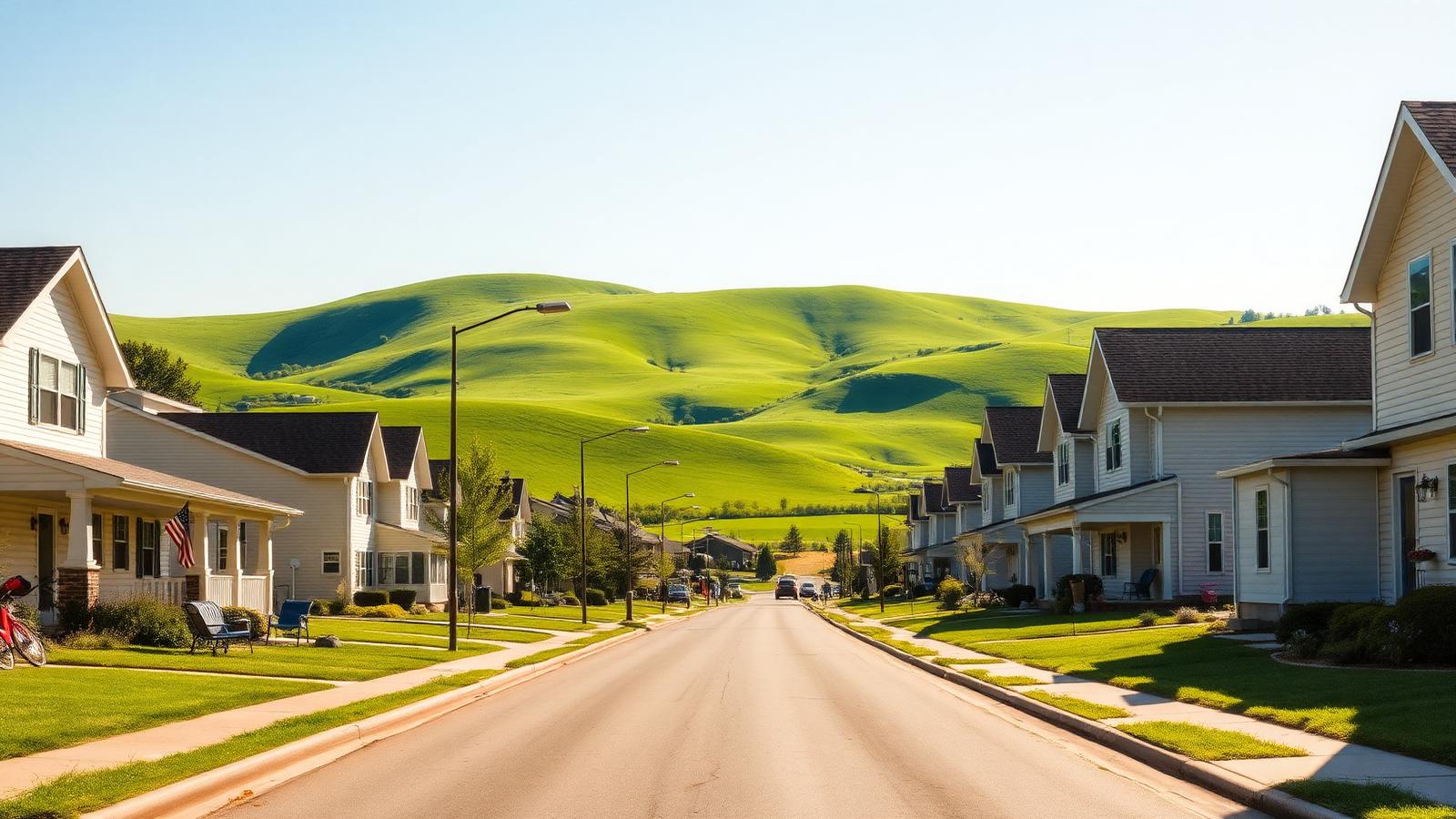 A quiet Middle Tennessee neighborhood street with rolling green hills behind it